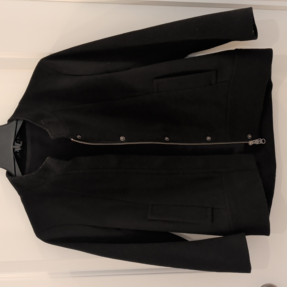 Theory Black Wool Crop Zipper And Snap Front Coat Jacket With Pockets 3/4 Sleeve